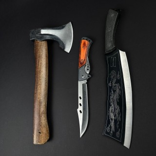 Set hobby 3 piese, Toporisca 34cm, Cutit tip Maceta 35cm fier forjat si Cutit tip Briceag 27cm, set8