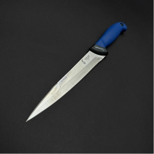 Cutit macelarie injunghiat 34cm, lama cu varf tais dublu otel inox 1/2FLEX, maner silicon albastru CMIS34AVD-OI