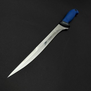 Cutit macelarie injunghiat 38cm, lama cu varf tais dublu otel inox 1/2FLEX, maner silicon albastru CMIS38AVD-OI