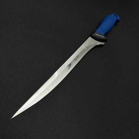 Cutit macelarie injunghiat 38cm, lama cu varf tais dublu otel inox 1/2FLEX, maner silicon albastru CMIS38AVD-OI