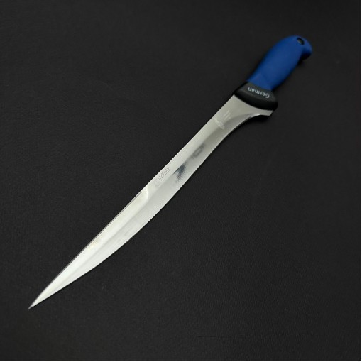 Cutit macelarie injunghiat 38cm, lama cu varf tais dublu otel inox 1/2FLEX, maner silicon albastru CMIS38AVD-OI