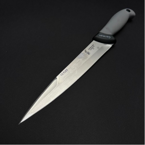 Cutit macelarie injunghiat 34cm, lama cu varf tais dublu otel inox 1/2FLEX, maner silicon gri CMIS34GVD-OI