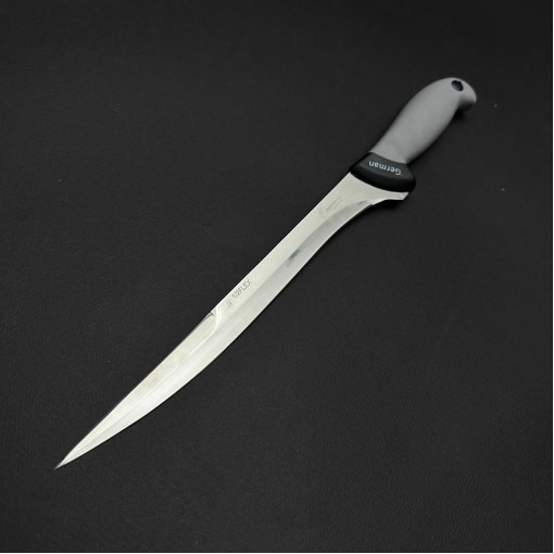 Cutit macelarie injunghiat 38cm, lama cu varf tais dublu otel inox 1/2FLEX, maner silicon gri CMIS38GVD-OI