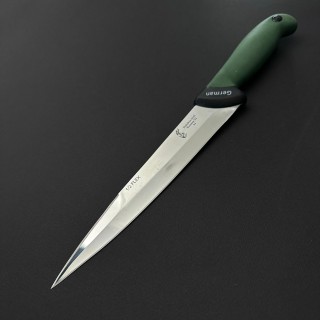 Cutit macelarie injunghiat 34cm, lama cu varf tais dublu otel inox 1/2FLEX, maner silicon verde CMIS34VVD-OI