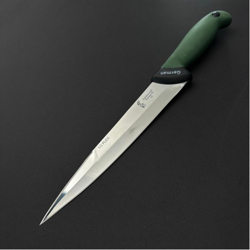 Cutit macelarie injunghiat 34cm, lama cu varf tais dublu otel inox 1/2FLEX, maner silicon verde CMIS34VVD-OI