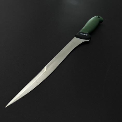 Cutit macelarie injunghiat 38cm, lama cu varf tais dublu otel inox 1/2FLEX, maner silicon verde CMIS38VVD-OI