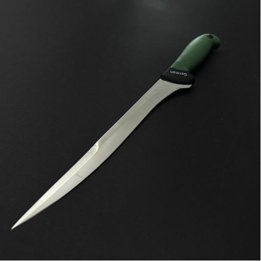 Cutit macelarie injunghiat 38cm, lama cu varf tais dublu otel inox 1/2FLEX, maner silicon verde CMIS38VVD-OI