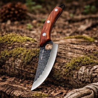 Cutit macelarie mini satar 27cm, lama fier forjat, maner lemn, teaca piele, military FR17