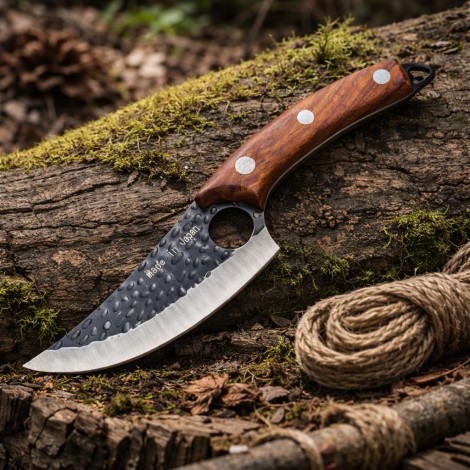 Cutit macelarie mini satar 27cm, lama fier forjat, maner lemn, teaca piele, military FR17
