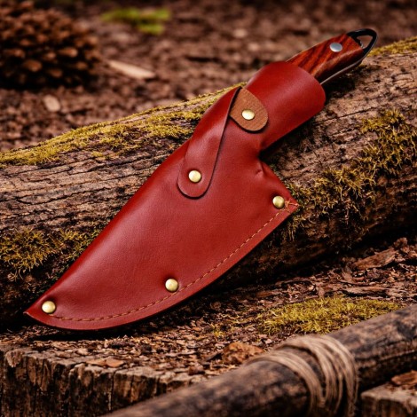 Cutit macelarie mini satar 27cm, lama fier forjat, maner lemn, teaca piele, military FR17