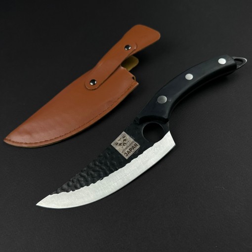 Cutit macelarie tip satar 27cm, lama fier forjat, maner lemn negru, husa piele