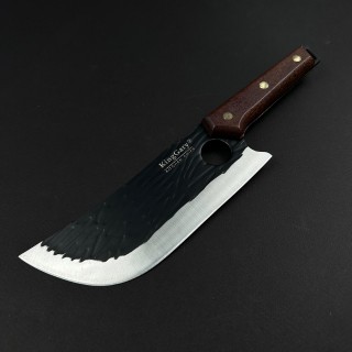 Cutit macelarie tip satar KingGary 28cm, lama fier forjat, maner lemn maro, husa piele