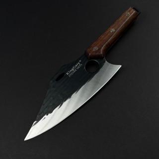 Cutit macelarie tip satar KingGary 28cm, lama curba alungita fier forjat, maner lemn maro, husa piele