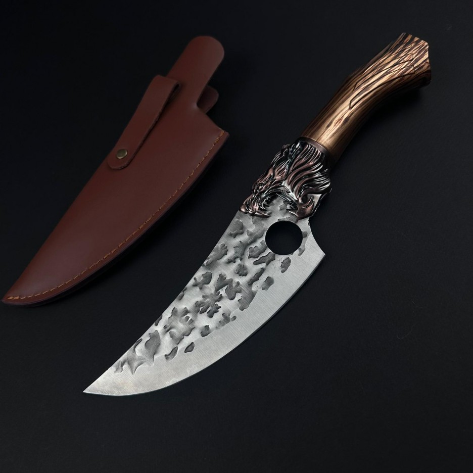 Cutit macelarie tip satar Lup 29cm, lama fier forjat, maner lemn, husa piele, 7-33