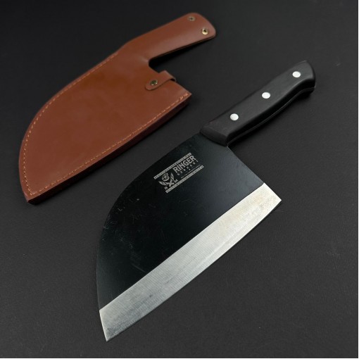 Cutit macelarie tip satar Ringer 28cm, lama 17x13cm otel inox, maner lemn negru, teaca piele