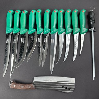 Set macelarie 13 piese, Satar si 6 cutite fier forjat, 5 cutite inox + pila ascutit, verde MPVE