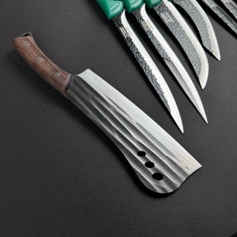 Set macelarie 13 piese, Satar si 6 cutite fier forjat, 5 cutite inox + pila ascutit, verde MPVE