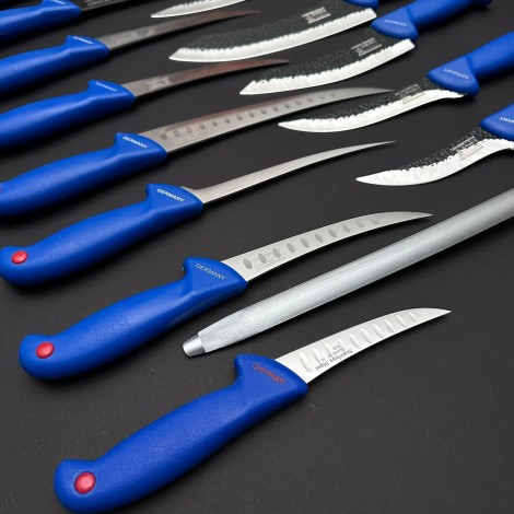 Set macelarie 18 piese dezosat, filetat, injunghiat, santoku, 8 Cutite fier forjat, 9 Cutite otel inox + pila ascutit, albastru MPAB