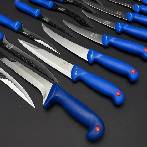 Set macelarie 18 piese dezosat, filetat, injunghiat, santoku, 8 Cutite fier forjat, 9 Cutite otel inox + pila ascutit, albastru MPAB