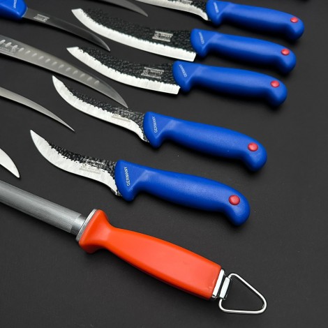 Set macelarie 18 piese dezosat, filetat, injunghiat, santoku, 8 Cutite fier forjat, 9 Cutite otel inox + pila ascutit, albastru MPAB