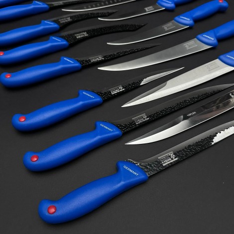 Set macelarie 18 piese dezosat, filetat, injunghiat, santoku, 8 Cutite fier forjat, 9 Cutite otel inox + pila ascutit, albastru MPAB