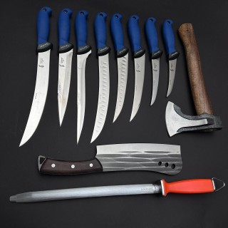 Set macelarie maner silicon SLNA 11 piese, Toporisca 34cm, Satar 33cm si 8 cutite otel inox + pila ascutit, albastru