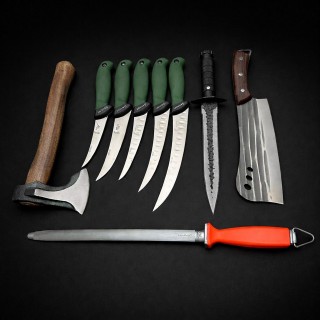 Set macelarie maner silicon SLNV 9 piese, Toporisca 34cm, Satar 33cm, Cutit fier forjat i9FF si 5 cutite otel inox + Pila ascutit, verde