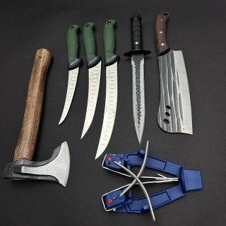 Set macelarie maner silicon SLNV 7 piese, Toporisca 34cm, Satar 33cm, Cutit fier forjat i9FF si 3 cutite otel inox + Dispozitiv ascutit, verde