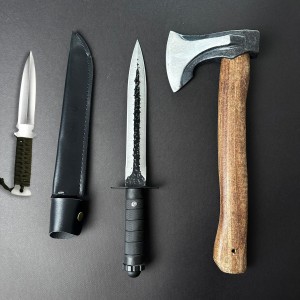 Set 2 piese Măcelărie Black Edition: Toporisca 34cm, Cuțit înjunghiat doua taisuri fier forjat i9ff cu teaca + Cadou kunai 22cm