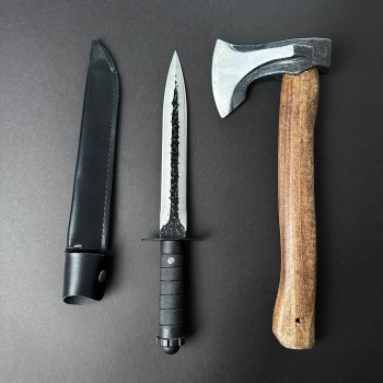 Set 2 piese Măcelărie Black Edition: Toporisca 34cm, Cuțit înjunghiat doua taisuri fier forjat i9ff cu teaca