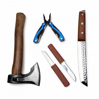 Set HOBBY camping 3 piese, Toporas, Cutit fier forjat, Cutit dublu japonez plus Patent multifuncțional cadou, set4