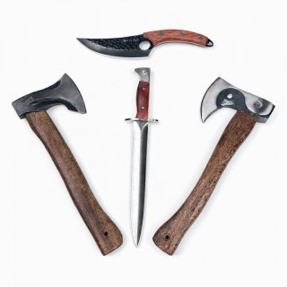 Set Macelarie/Camping 4 piese, Toporisca Yin-Yang, Toporisca despicat, Cutit Drumeție si Cutit fier forjat