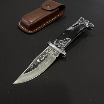 Cutit camping briceag Columbia A3188 24cm, lama otel inox, maner metal+lemn, cu husa, negru