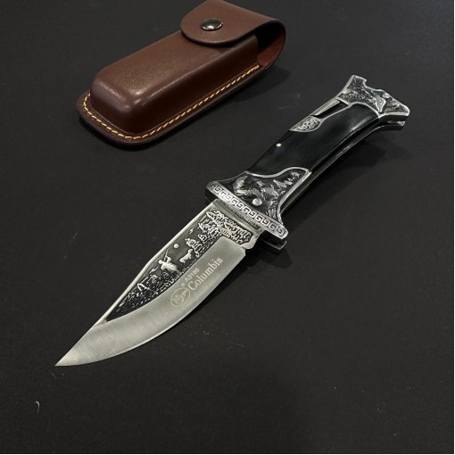 Cutit camping briceag Columbia A3188 24cm, lama otel inox, maner metal+lemn, cu husa, negru