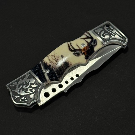 Cuțit briceag camping Anima Cerb 21cm, lama otel inox, mâner imprimeu, husa, ANIM-CRB21CRM