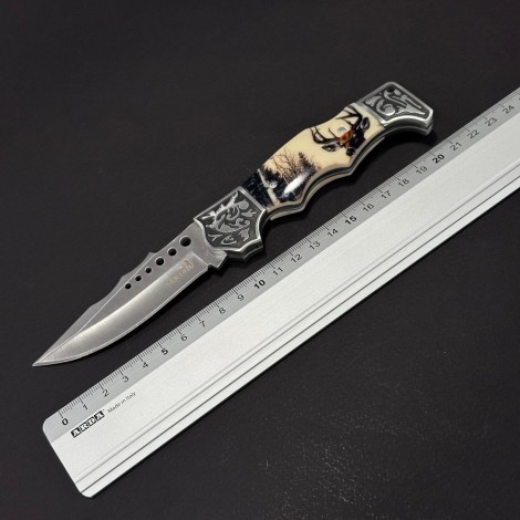 Cuțit briceag camping Anima Cerb 21cm, lama otel inox, mâner imprimeu, husa, ANIM-CRB21CRM