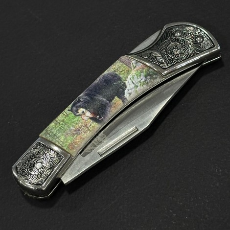 Cuțit briceag camping Anima Urs Negru 19cm, lama otel inox, mâner imprimeu, ANIM-URS19BLK