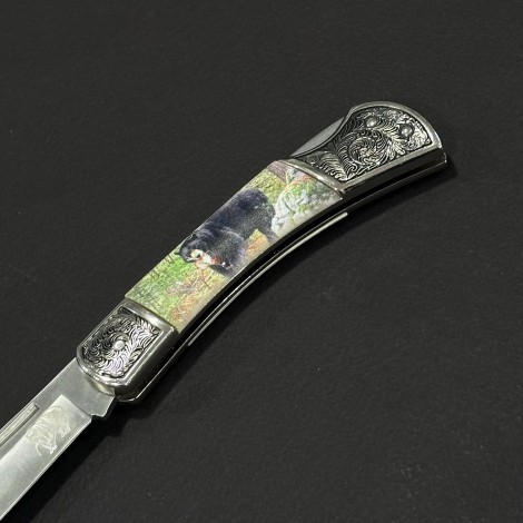 Cuțit briceag camping Anima Urs Negru 19cm, lama otel inox, mâner imprimeu, ANIM-URS19BLK