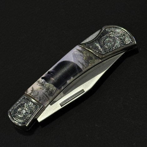 Cuțit briceag camping Anima Urs negru 2 19cm, lama otel inox, mâner imprimeu, ANIM-URS19BLK2