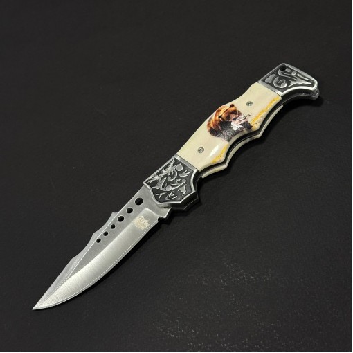 Cuțit briceag camping Anima Urs 21cm, lama otel inox, mâner imprimeu, husa, ANIM-URS21BEJ