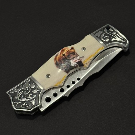 Cuțit briceag camping Anima Urs 21cm, lama otel inox, mâner imprimeu, husa, ANIM-URS21BEJ