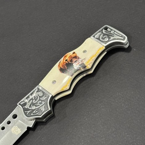 Cuțit briceag camping Anima Urs 21cm, lama otel inox, mâner imprimeu, husa, ANIM-URS21BEJ