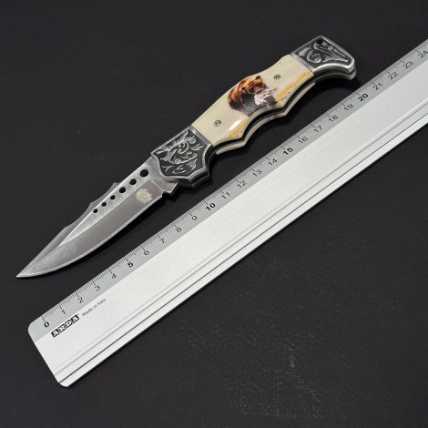 Cuțit briceag camping Anima Urs 21cm, lama otel inox, mâner imprimeu, husa, ANIM-URS21BEJ