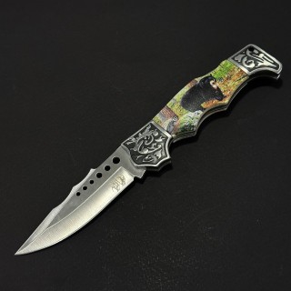 Cuțit briceag camping Anima Urs Negru 21cm, lama otel inox, mâner imprimeu, husa, ANIM-URS21BLK