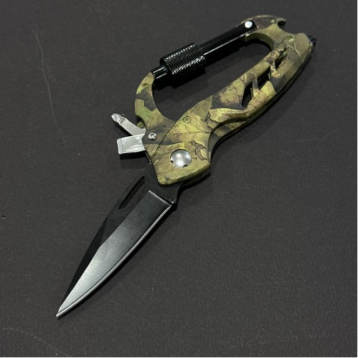 Briceag multifuncțional camping 19cm cu carabinier – lamă neagră + șurubelniță, mâner camuflaj, BRC-MULTI19C