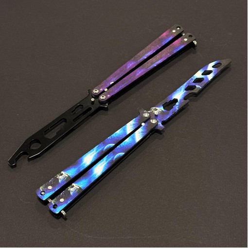 Set 2 piese Briceag Balisong 22cm, lama fara tais, maner stil fluture/butterfly, BAL-22FTSPC + BAL-22FTPRP
