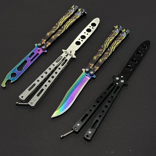 Set 4 piese Briceag Balisong 22cm, lama otel inox + fara tais, maner stil fluture/butterfly, 22FTSKL+22FTSLV+22FTBLK+22FSKL