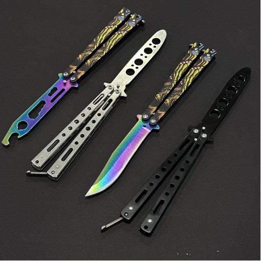 Set 4 piese Briceag Balisong 22cm, lama otel inox + fara tais, maner stil fluture/butterfly, 22FTSKL+22FTSLV+22FTBLK+22FSKL
