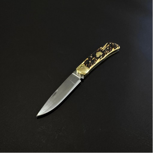 Cutit briceag camping și drumetie Doggy Gold 19cm, lama otel inox, maner corn cerb, husa BRCC-19DGG