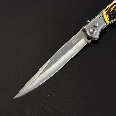 Cutit briceag camping și drumetie 32cm, lama varf tais dublu otel inox, maner corn cerb, husa, BRCC-32VD